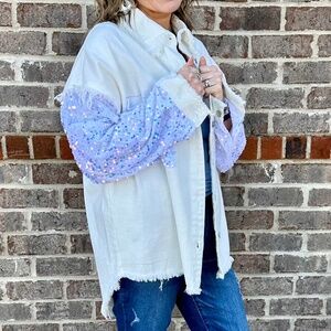 BLUE VELVET - Denim Sequin Shacket Sizes S, M, L, Color White - NWT